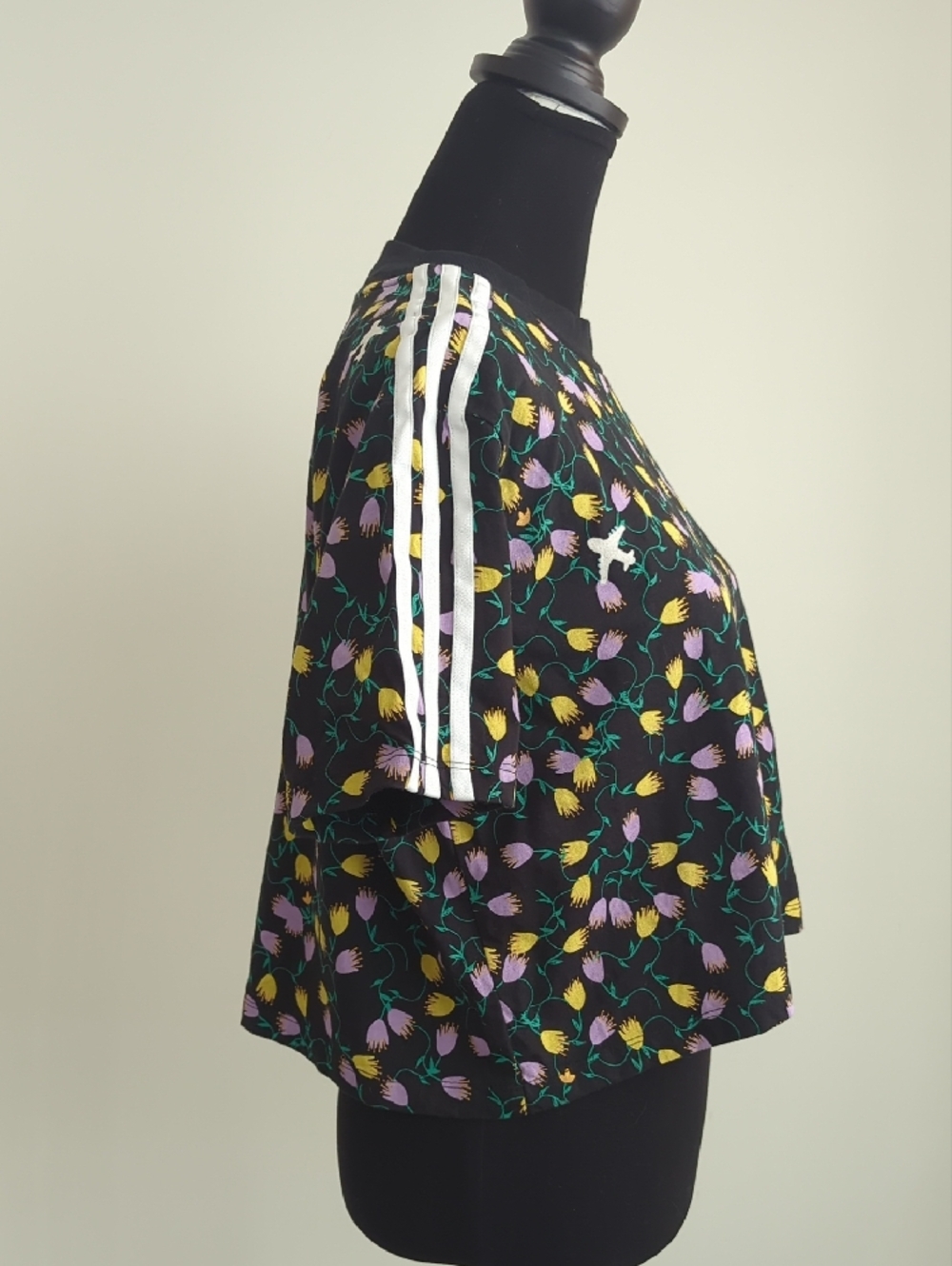 adidas Black Floral Short Sleeve Tee with White Stripes - Picture 9 of 13